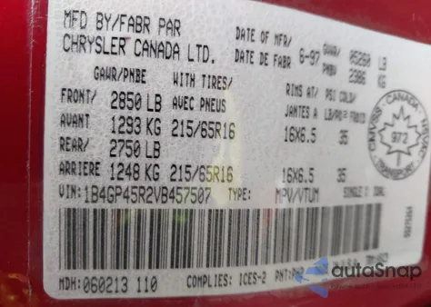 1997 Dodge Caravan Se из США, поврежденный, VIN 1B4GP45R2VB457507